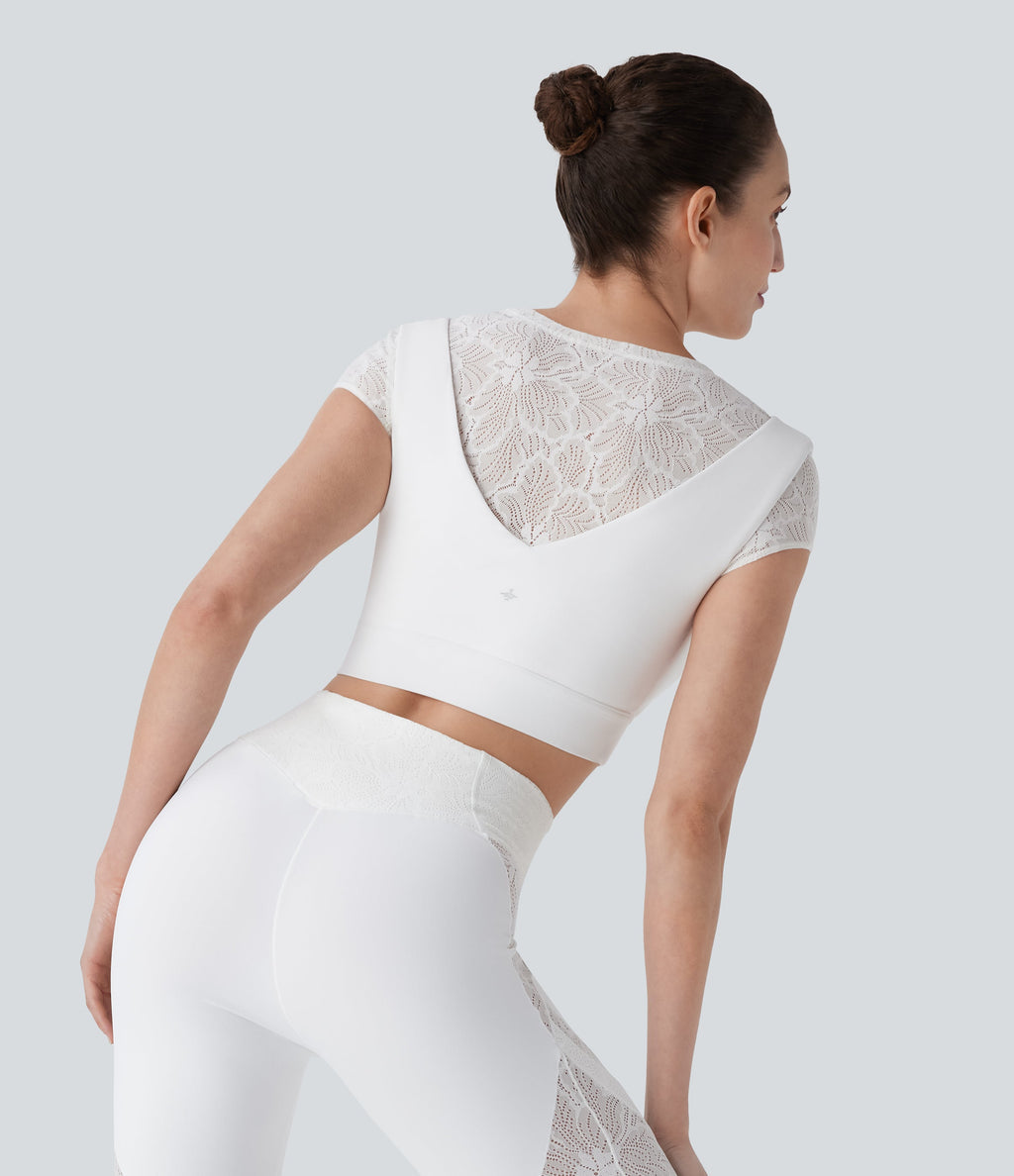 SoftlyZeroTM Contrast Lace Short Sleeve Cropped Yoga Sports Top-UPF50+