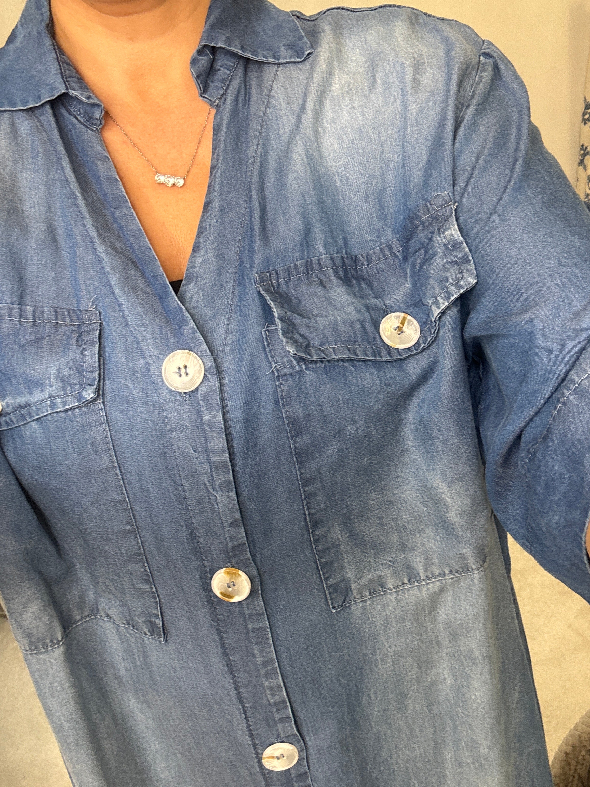 Kayley Denim Button Front Loose Fit Maxi Shirt Dress