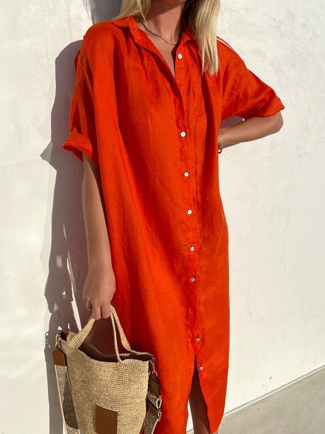 Women Elegant Casual Loose Half Sleeve Button Down Front Half Sleeve Cotton Linen Dress