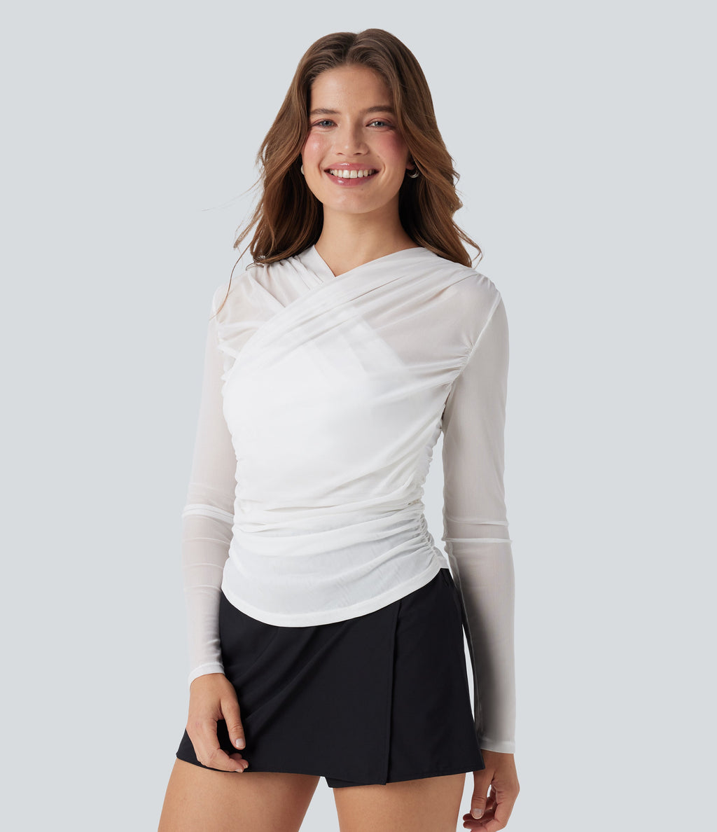 Sheer Mesh Crossover V Neck Ruched Casual Top