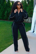 Contrast Line Half-Zip Sweatshirt Wide Leg Pants 2pcs Set-Black