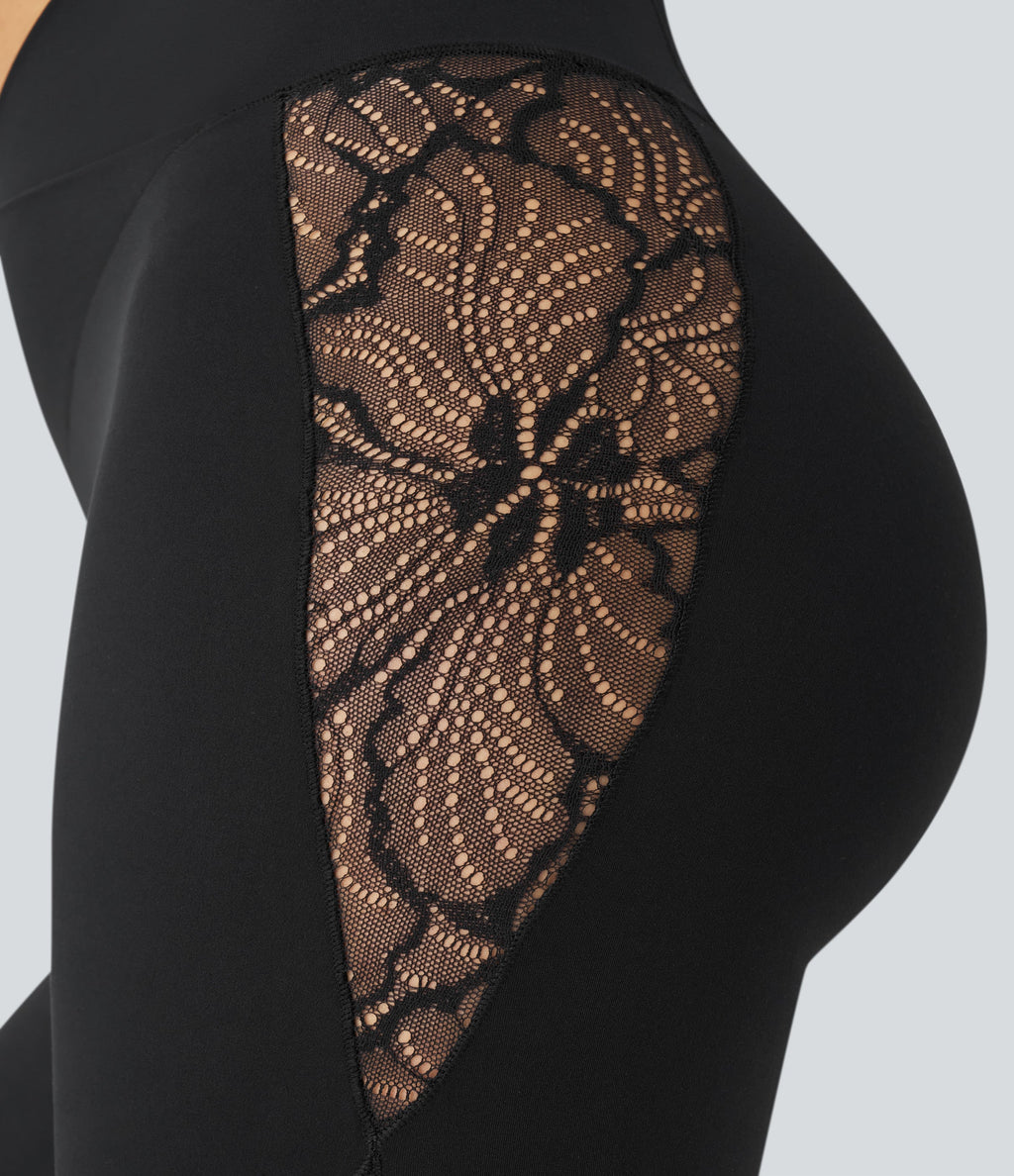 SoftlyZeroTM High Waisted Crossover Contrast Lace Built-in Underwear Yoga Leggings with Pocket-UPF50+