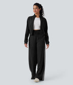 Ribbed Stand Collar Long Sleeve Zipper Color Block Casual Jacket with Pockets