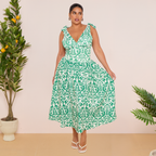 Green Boho Breeze Floral Tie-shoulder One Piece Swimsuit&Skirt