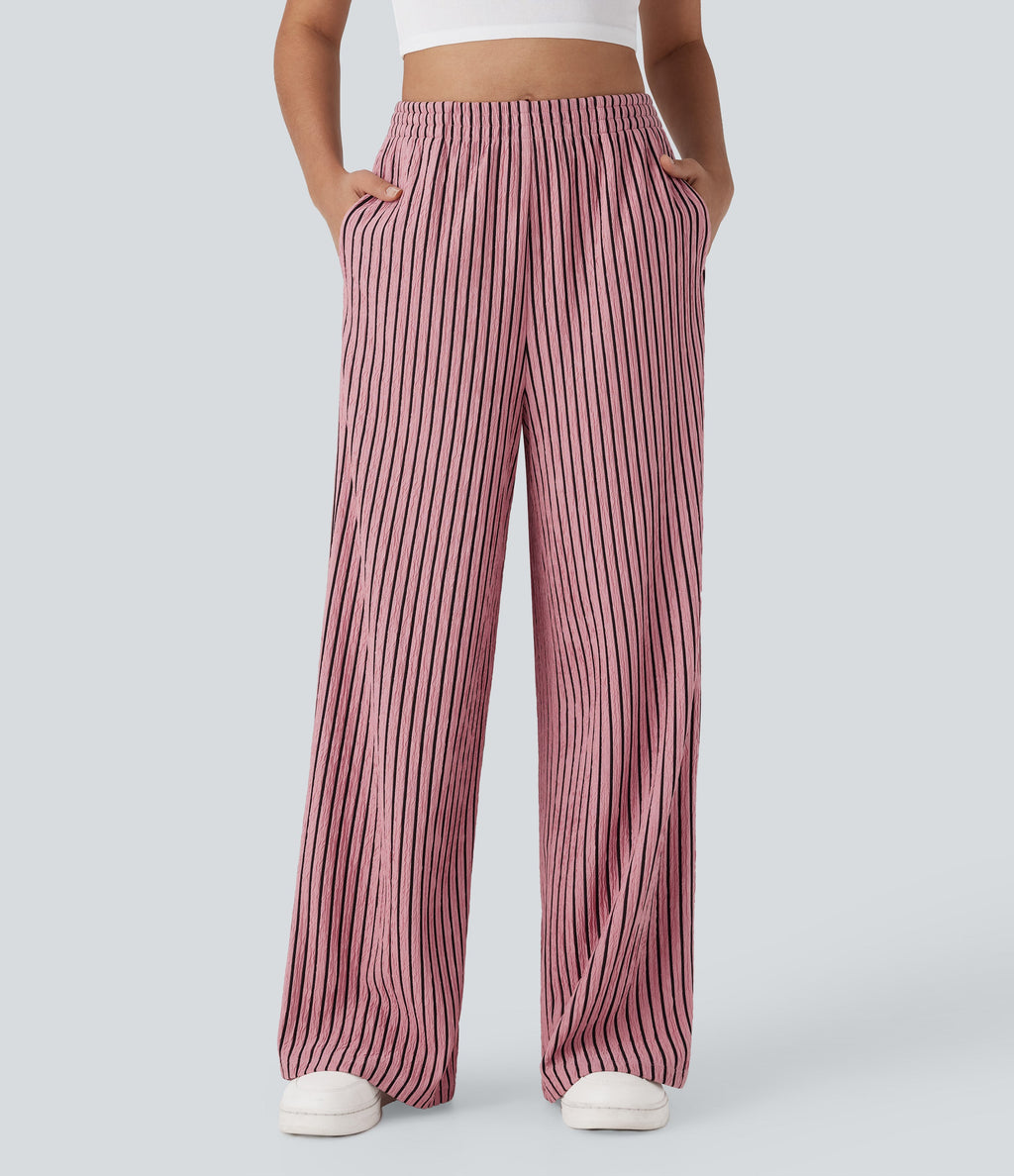 High Waisted Straight Leg Crinkle Casual Pants with Pockets