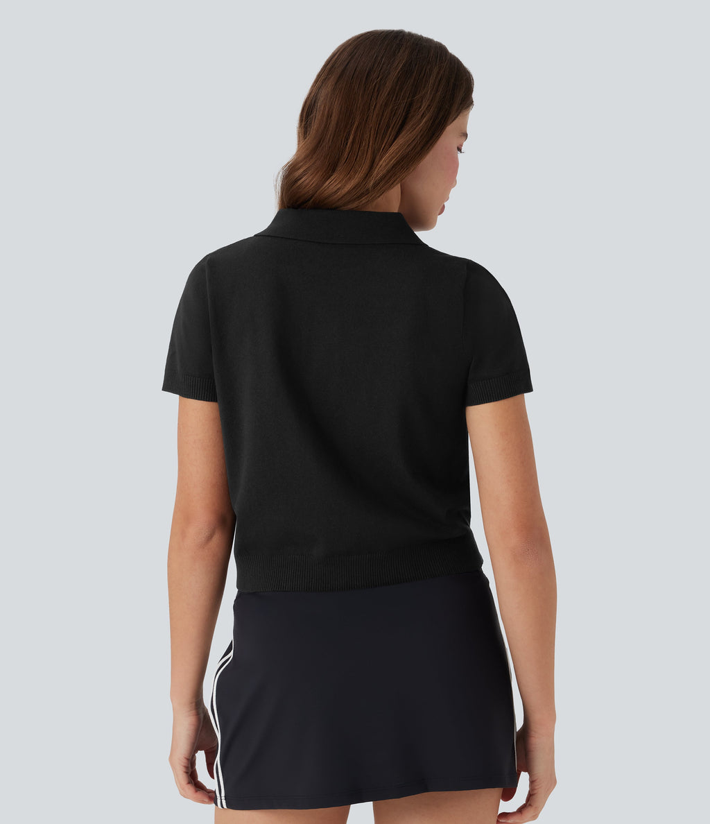 Polo Button Front Short Sleeve Casual Sweater Knit Top