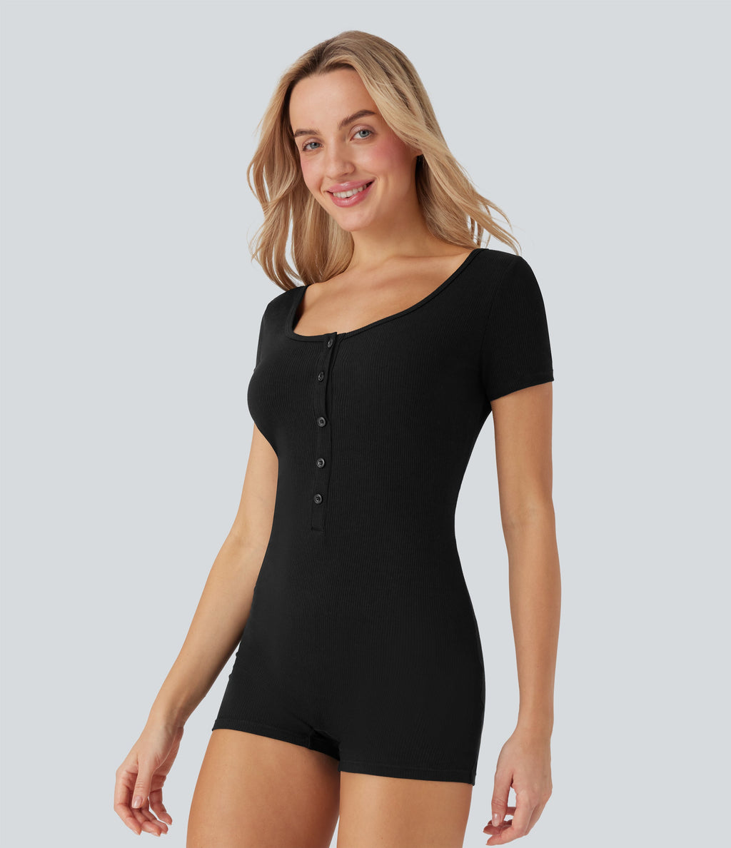 Henley Neck Short Sleeve Casual Romper