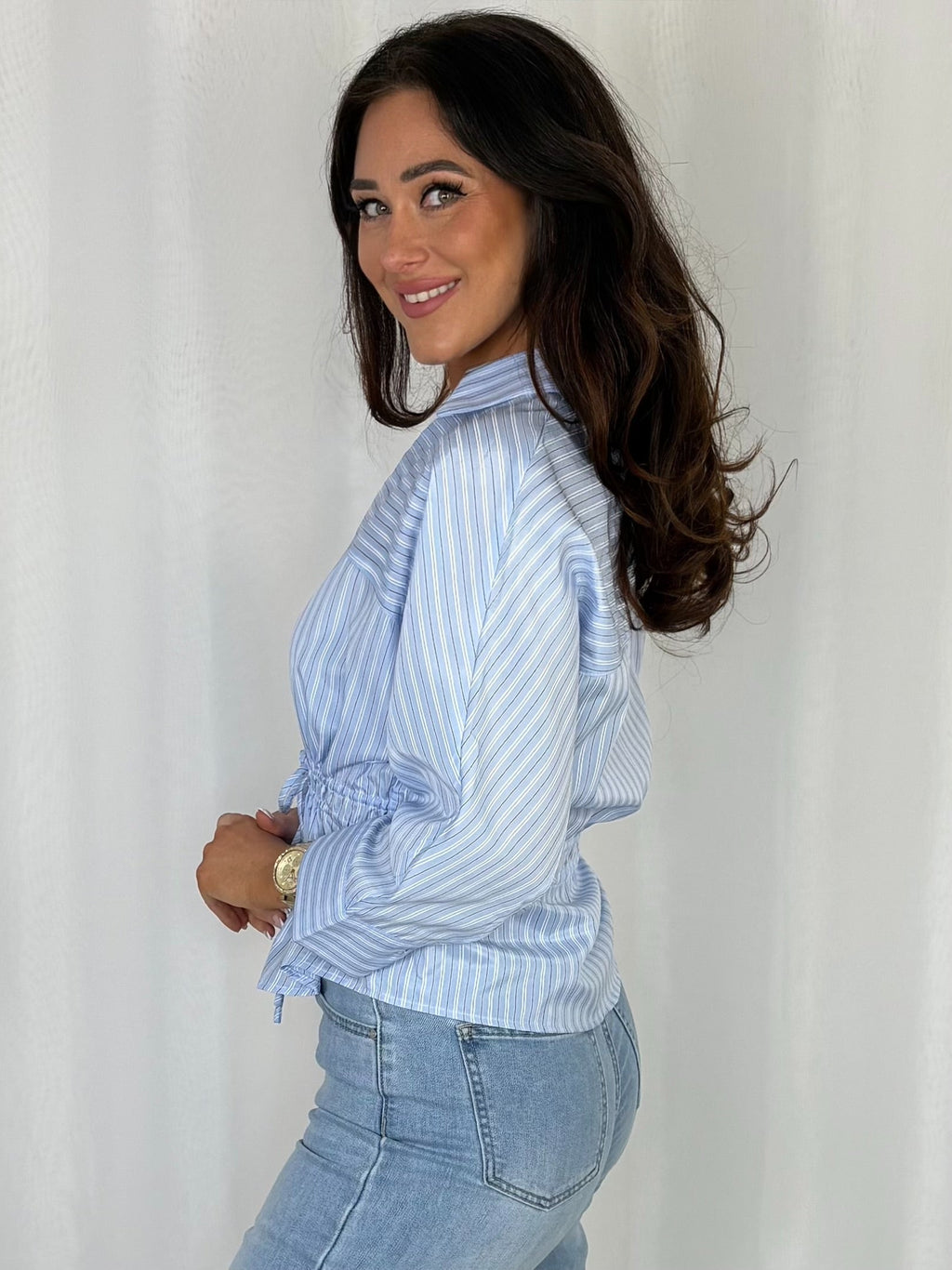 Blue Striped Tie Waist Shirt
