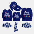 "Family Christmas 2025" Letter Printed Blue Long Sleeves with Blue&White&Black Plaid Pants Family Matching Pajamas