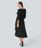 V Neck 3/4 Sleeve Pleated High Low Midi Casual Dress
