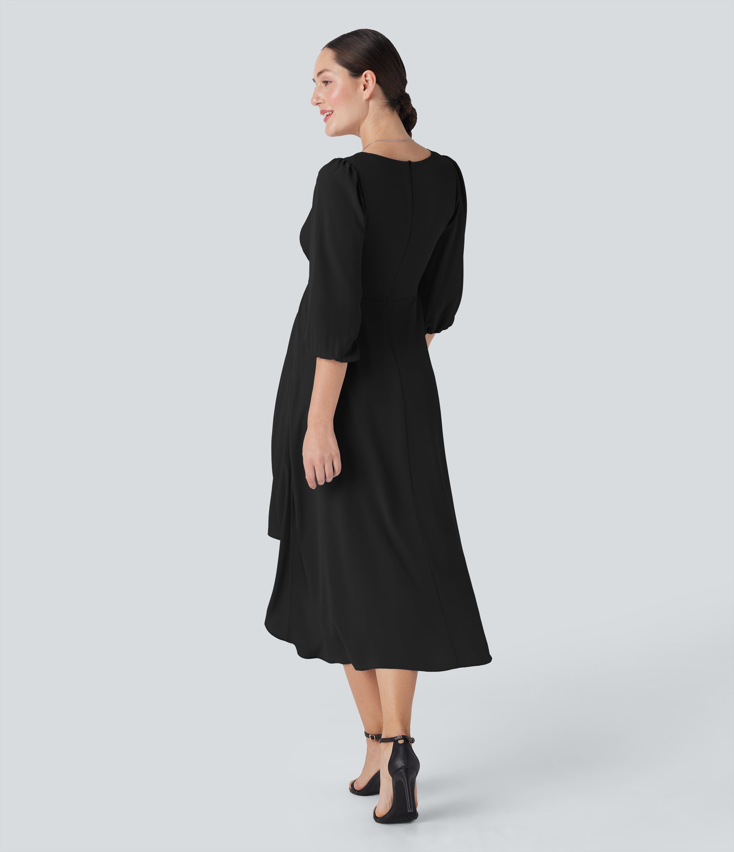 V Neck 3/4 Sleeve Pleated High Low Midi Casual Dress
