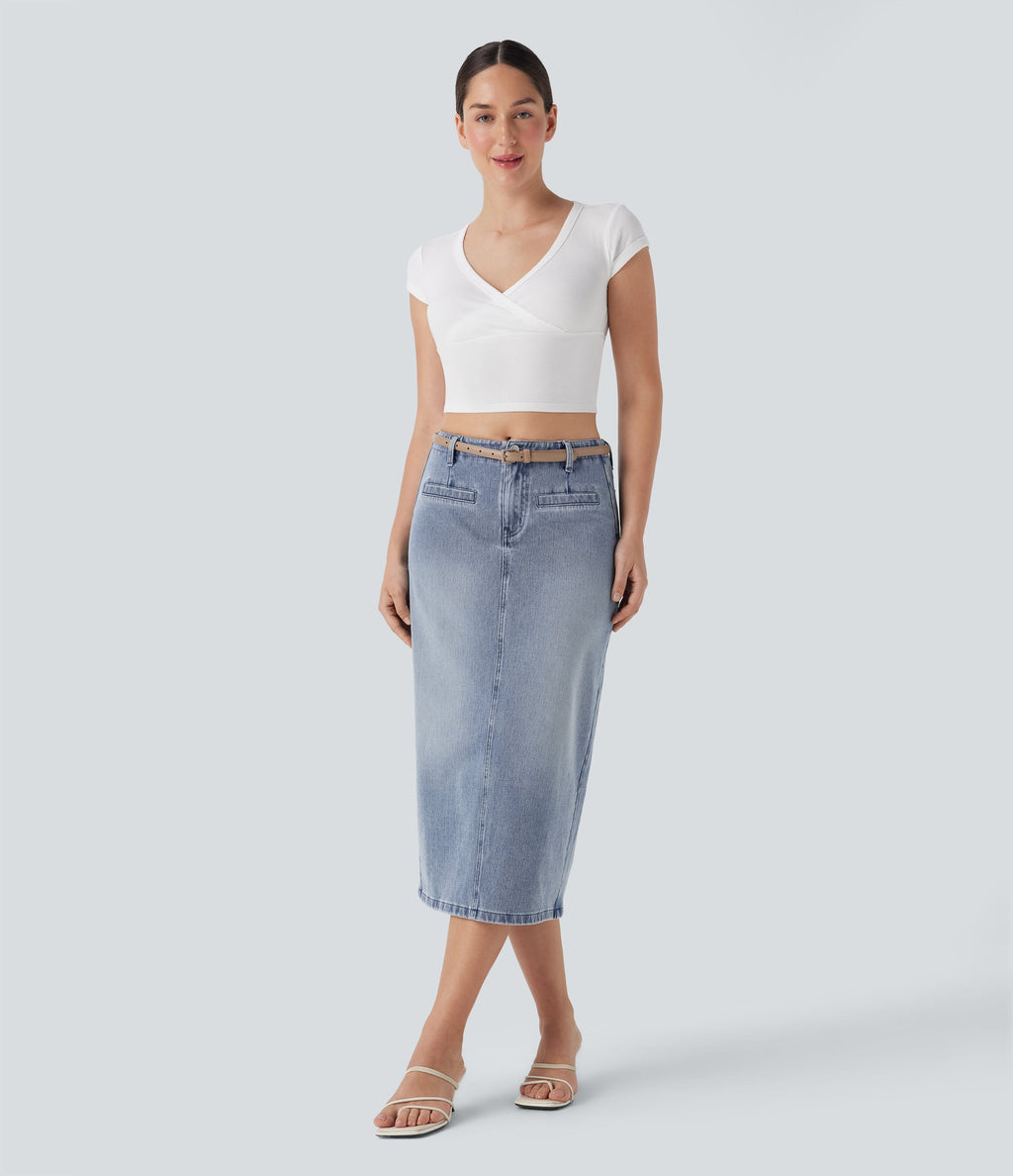 FlexTM Mid Rise Back Midi Washed Denim Casual Straight Skirt with Pockets