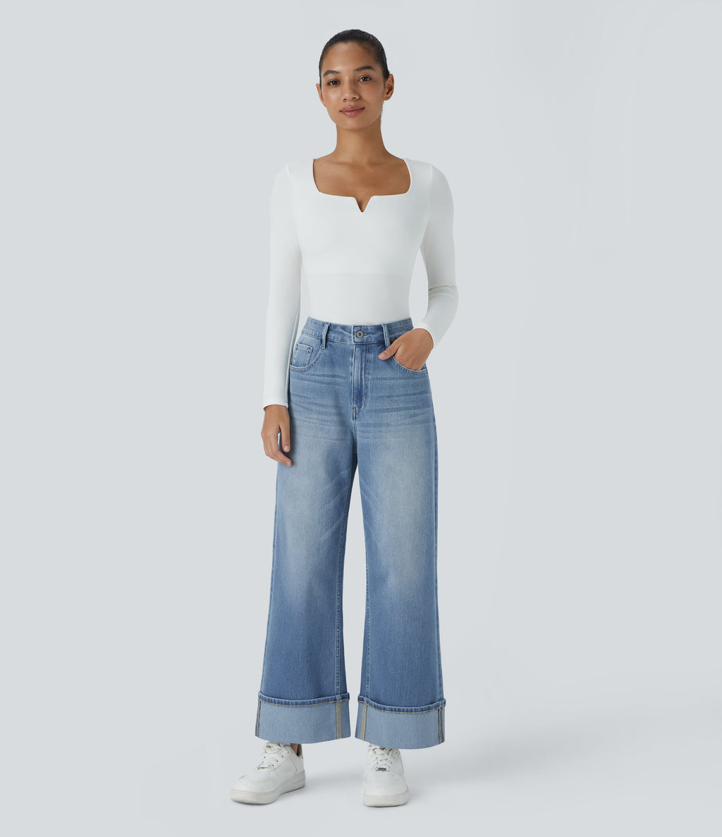 FlexTM High Waisted Multiple Pockets Rolled Hem Wide Leg Washed Stretchy Knit Casual Jeans