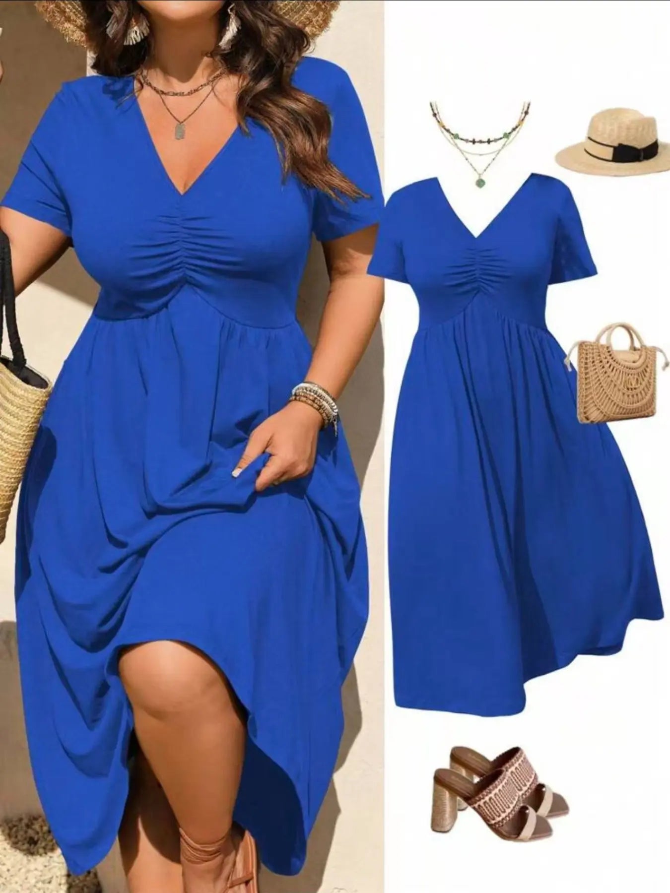 Plus Size V-Neck Ruched Bra Top Short Sleeve Midi Dress, Casual Summer Flowy A-Line Skirt, Women's Fashion Clothing