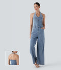 FlexTM Halter Wide Leg Denim Casual Jumpsuit with Pockets