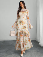 Women's Gothic Elegant Sexy Mesh Splicing Colorful Print Retro Petal Sleeves Ruffle Mermaid Hem Double Layer Dress
