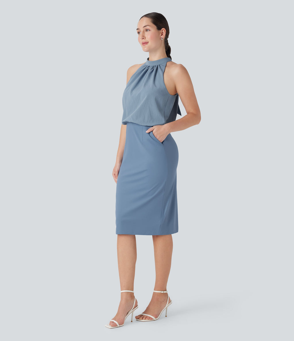 SoftlyZeroTM Airy Halter Tie Back Cool Touch Midi Work Dress with Pockets-UPF50+