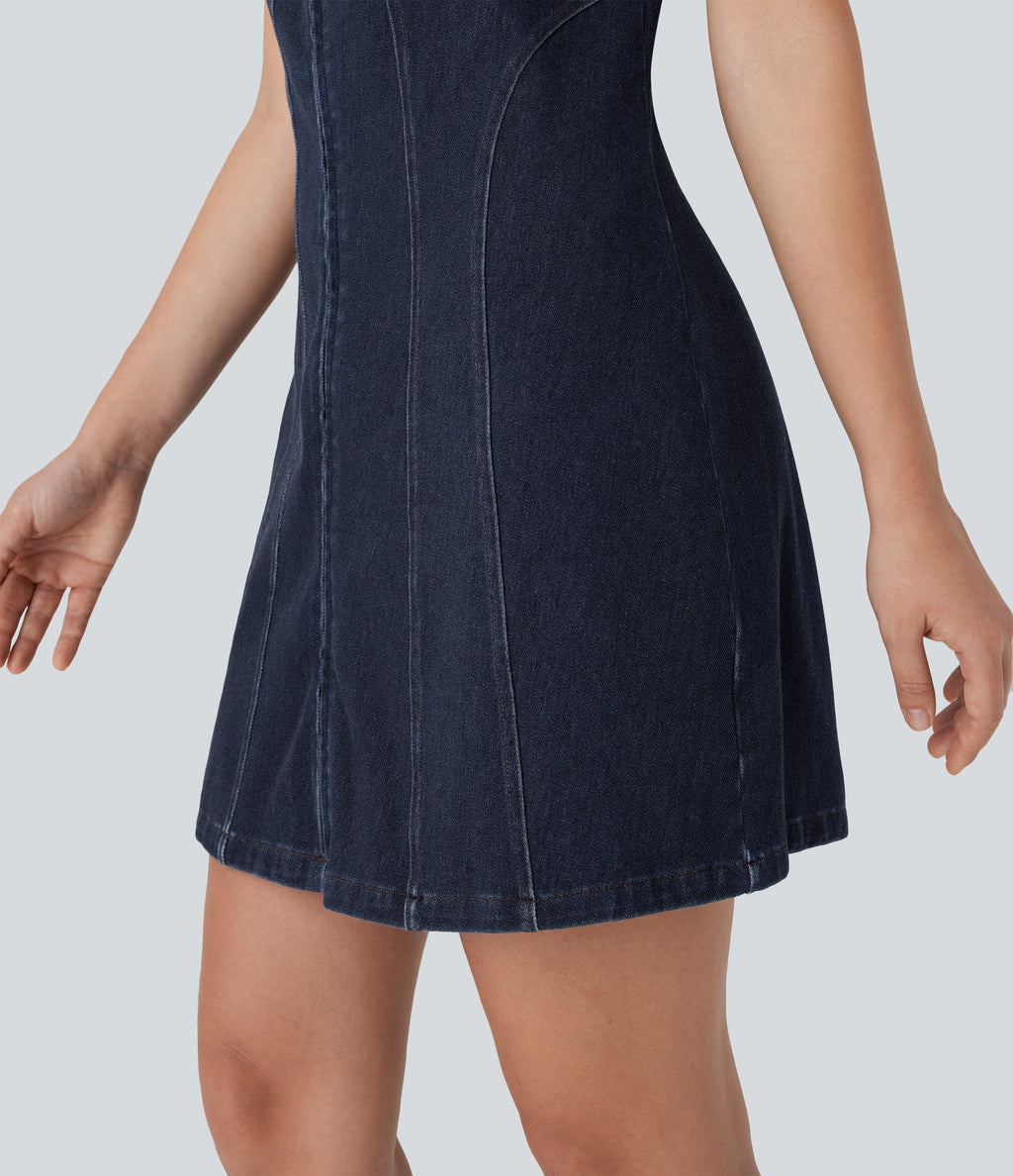 FlexTM Square Neck Short Sleeve Zipper Denim Mini Casual Dress