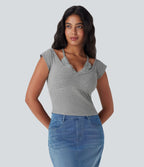 High Stretch Ribbed Knit Lace Halter Cap Sleeve Top