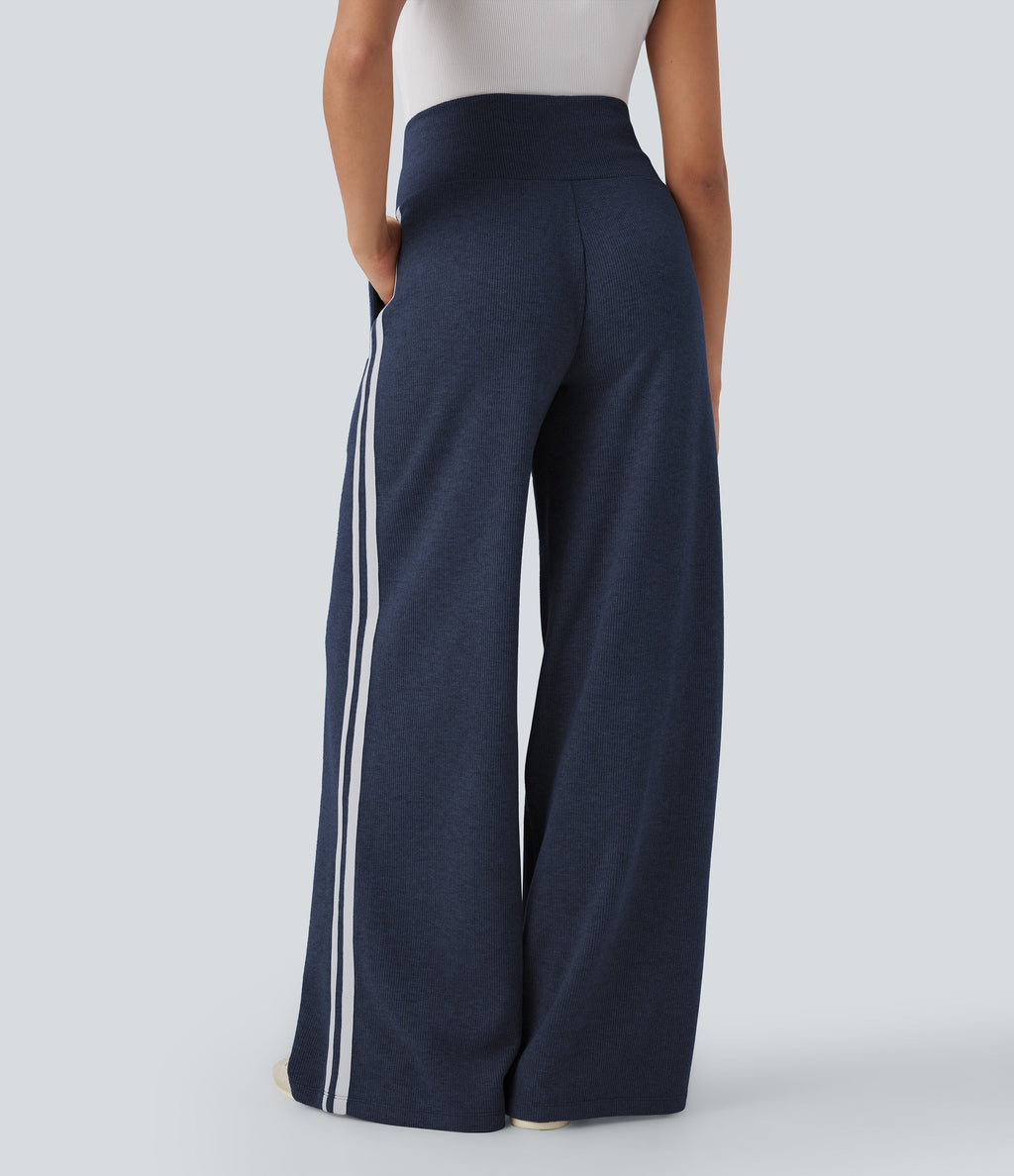 2026🔥 Ribbed SoCinched High Waisted Tummy Control Drawstring Wide Leg Color Block Casual Trousers with Pockets