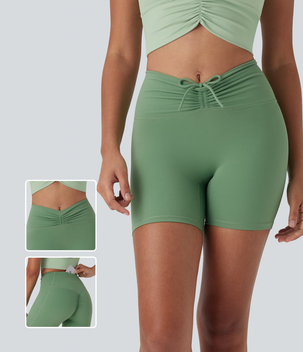 UltraSculptTM High Waisted Drawstring Ruched Yoga Biker Shorts 5'' with Pocket