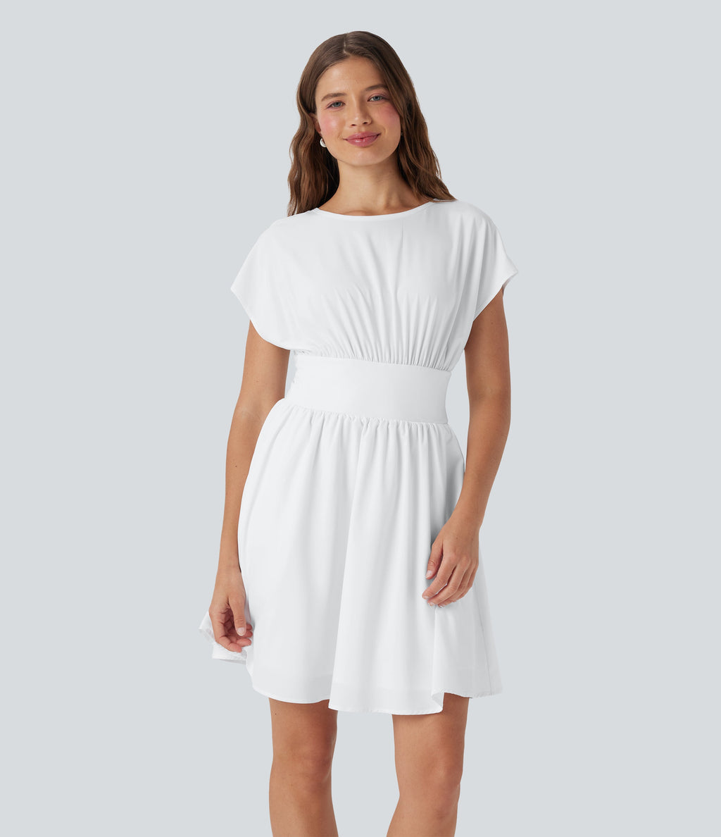 BreezefulTM Batwing Short Sleeve Flowy Quick Dry Mini Work Dress with Pockets