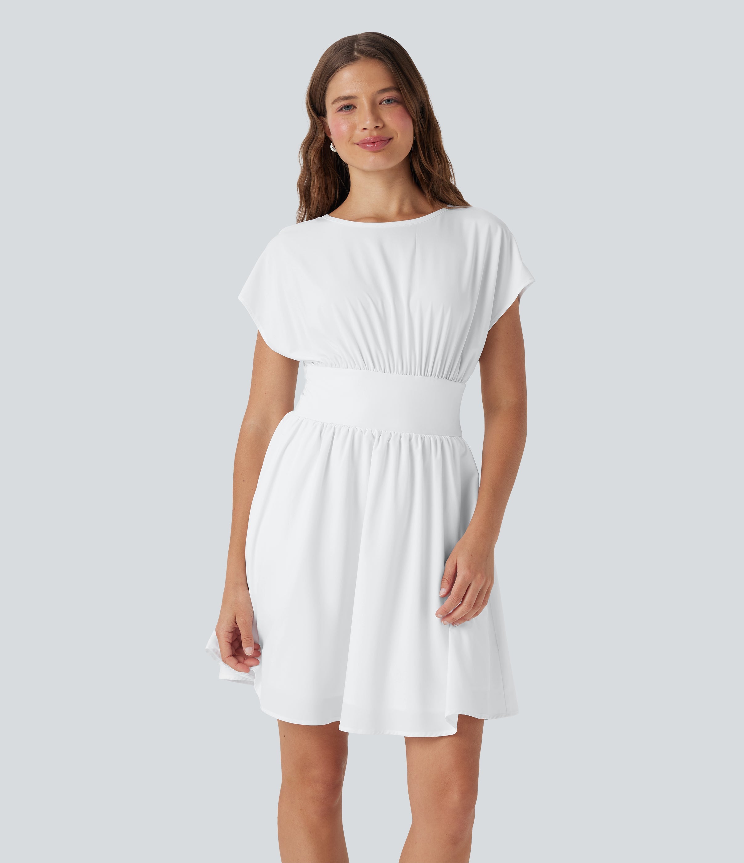 BreezefulTM Batwing Short Sleeve Flowy Quick Dry Mini Work Dress with Pockets