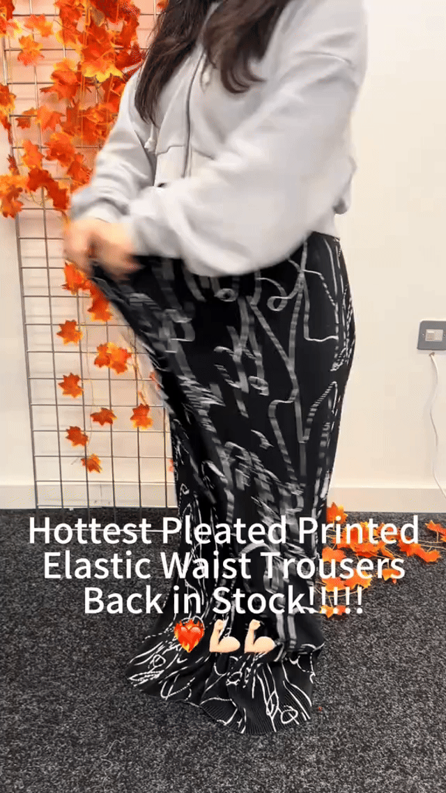 Black Line Art Abstract Print Wide-Leg Drawstring Palazzo Pleated Pants PLUS(2XL-3XL)