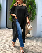 Women's Skew Neck Batwing Sleeve Tee Asymmetric Loose Cape Blouse Slit Elegant Top