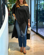 Women's Skew Neck Batwing Sleeve Tee Asymmetric Loose Cape Blouse Slit Elegant Top