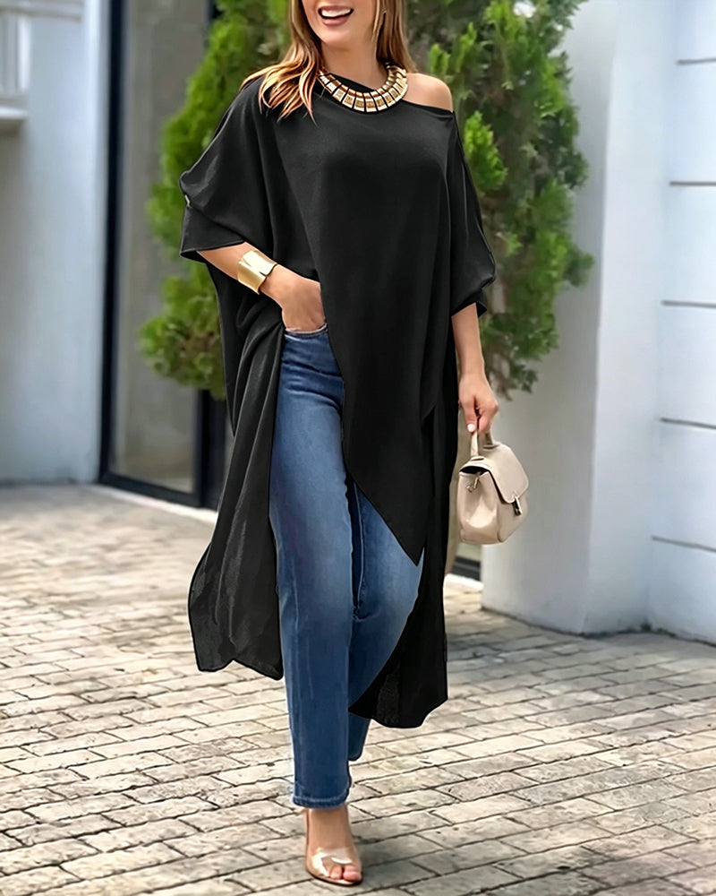Women's Skew Neck Batwing Sleeve Tee Asymmetric Loose Cape Blouse Slit Elegant Top