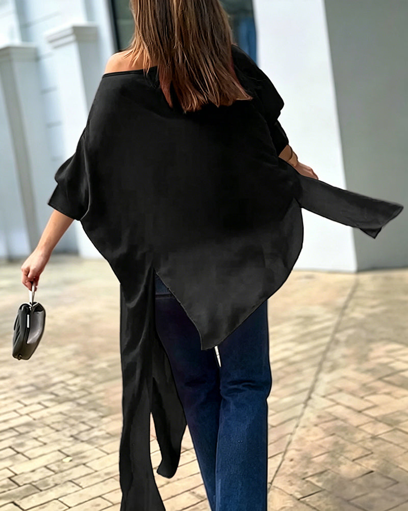 Women's Skew Neck Batwing Sleeve Tee Asymmetric Loose Cape Blouse Slit Elegant Top