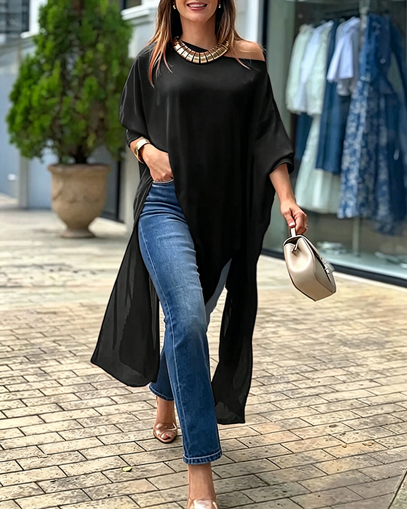 Women's Skew Neck Batwing Sleeve Tee Asymmetric Loose Cape Blouse Slit Elegant Top