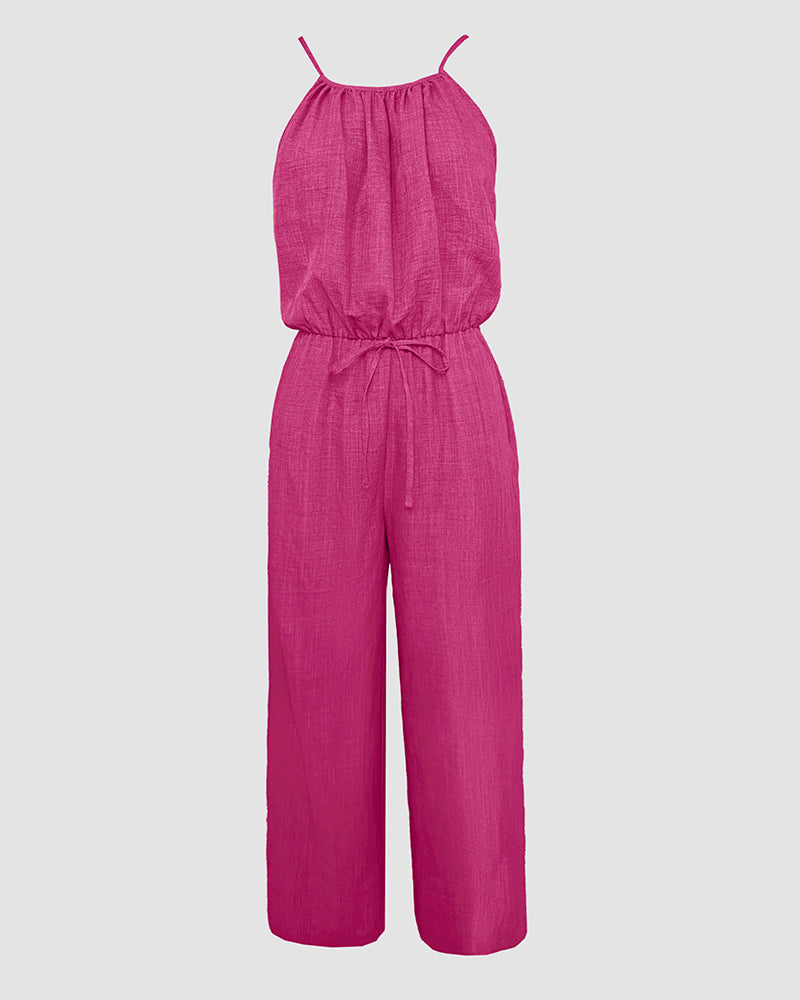 Womens Spaghetti Strap Drawstring Tied Waist Jumpsuit Casual Overalls