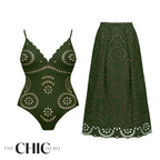 Green Scalloped Hollow Sexy One-Piece Swimsuit&Skirt