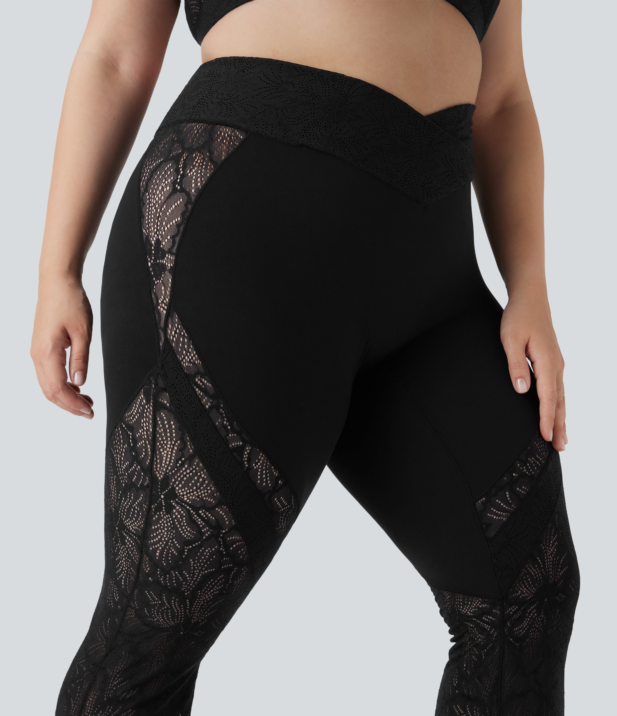 SoftlyZeroTM Crossover High Waisted Contrast Lace Yoga Plus Size Flare Leggings with Pocket
