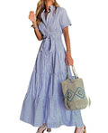 Womens Casual Short Sleeve Button Down Tie Waist Ruffled Striped Maxi Shirt Dress(Buy 2 Free Shipping)