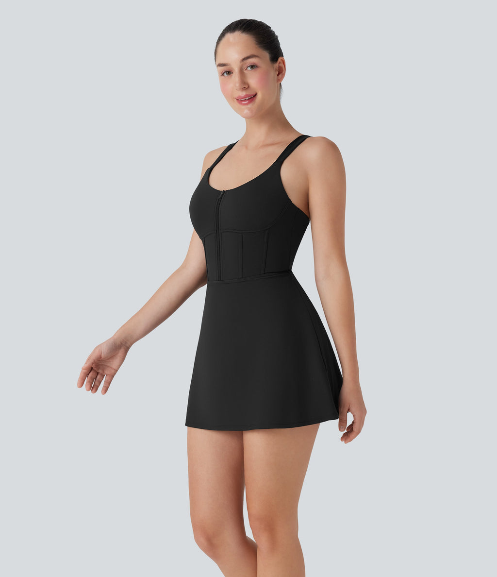 SoftlyZeroTM QuickDry Zip Corset 2-in-1 Mini Dance Active Dress with Pockets-Easy Peezy Edition