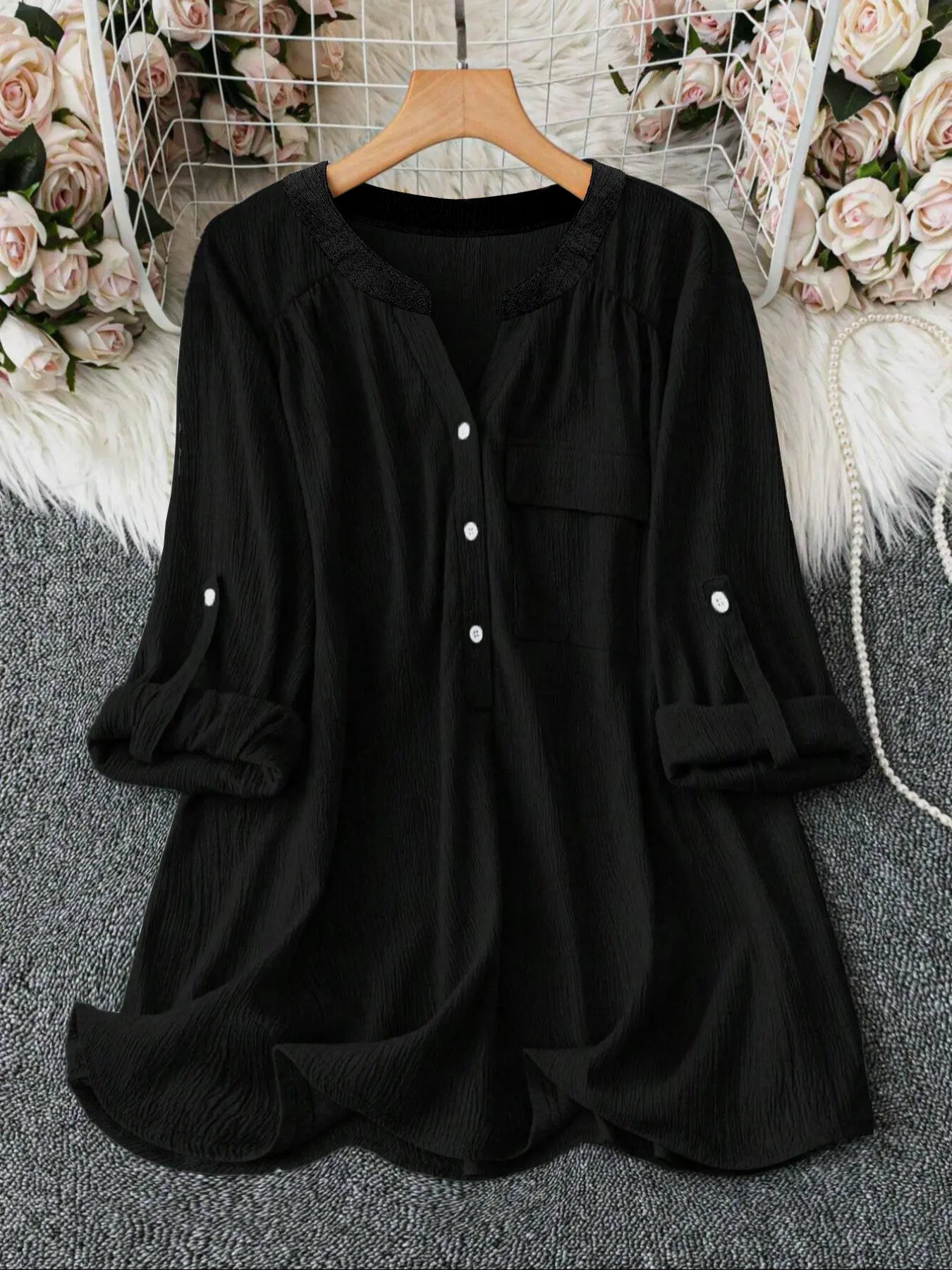 Lune Plus Size V Neck Shirt Blouse with Pockets, Casual Roll-Up Sleeve Design, Comfortable Daily Wear Top for Women
