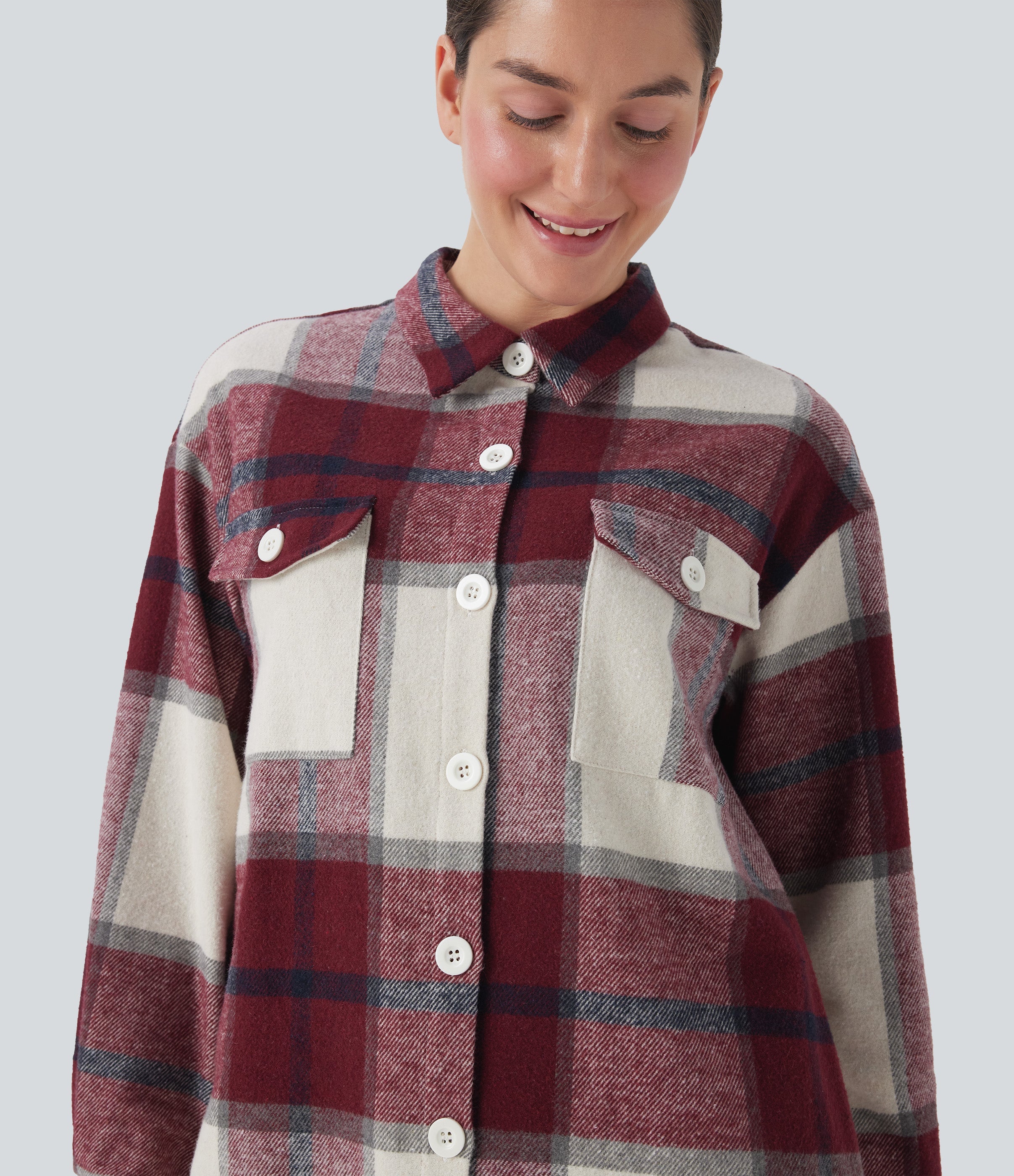 Plaid Curved Hem Longline Casual Jacket with Pockets