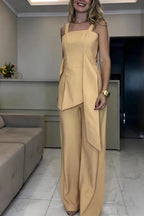 Women Strap Irregular Top+ Pants Solid Color Casual Set