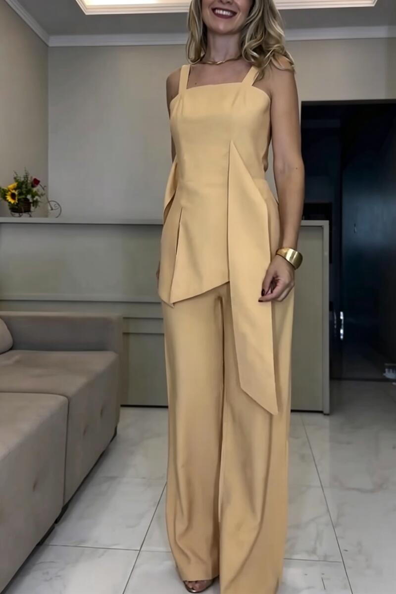 Women Strap Irregular Top+ Pants Solid Color Casual Set