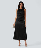 Tie Back Ruched Maxi Satin Dress