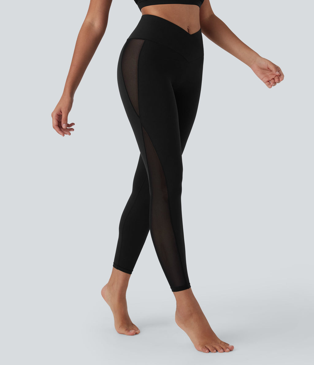 SoftlyZeroTM Crossover High Waisted Contrast Mesh Yoga Leggings with Pocket-UPF50+