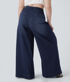 FlexTM High Waisted Pockets Washed Casual Wide Leg Plus Size Jeans
