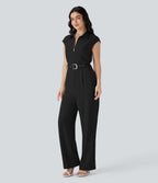 Half Zipper Cap Sleeve Straight Leg Belted Work Linen-Feel Jumpsuit with Pockets