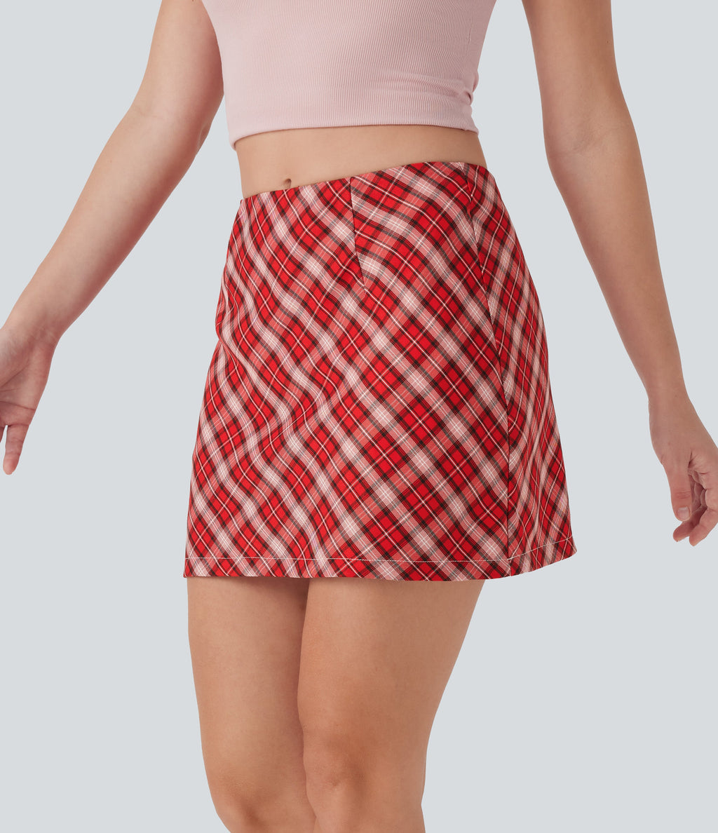 Mid Rise 2-in-1 Plaid A-line Mini Casual Skirt with Pocket