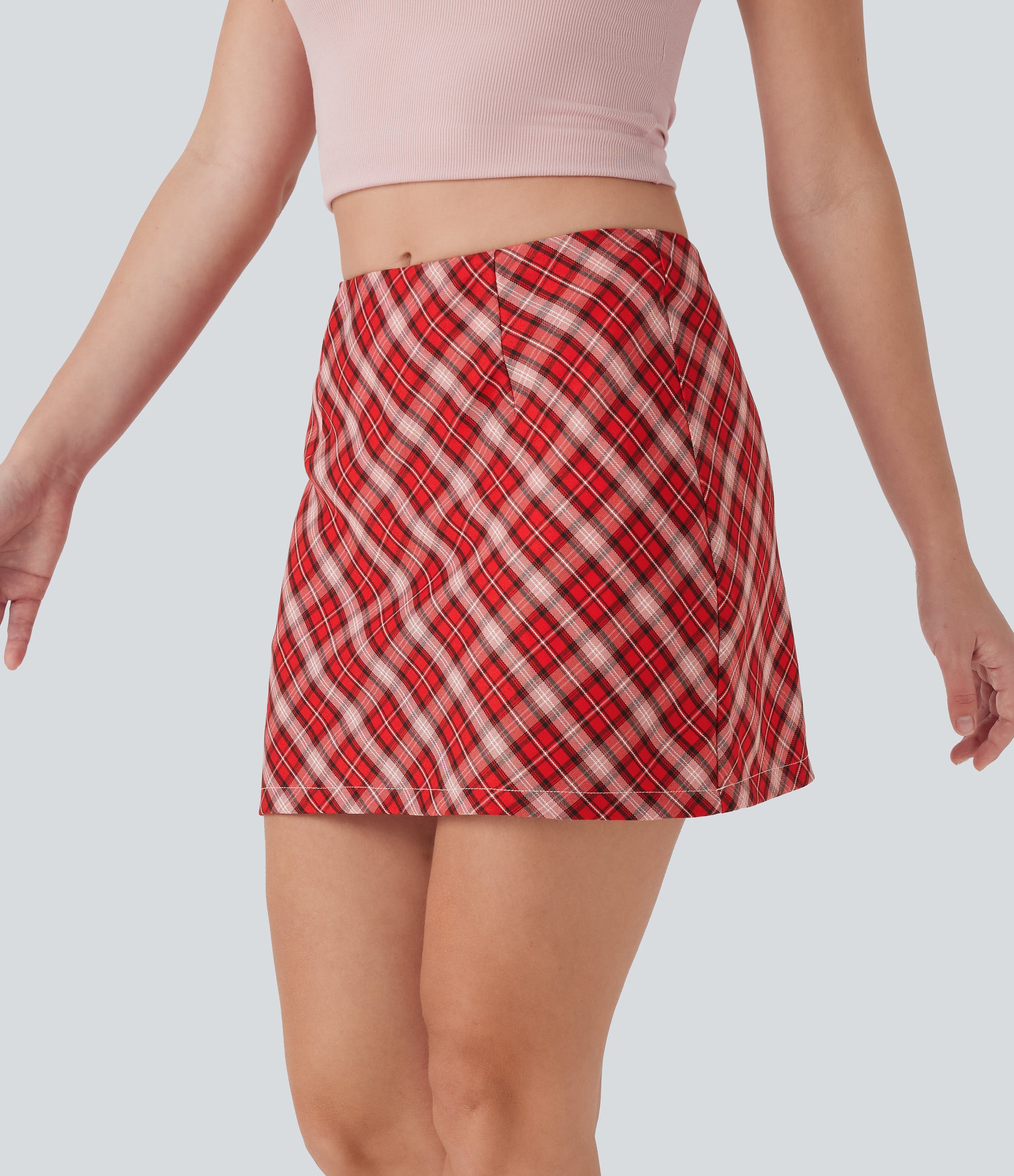 Mid Rise 2-in-1 Plaid A-line Mini Casual Skirt with Pocket