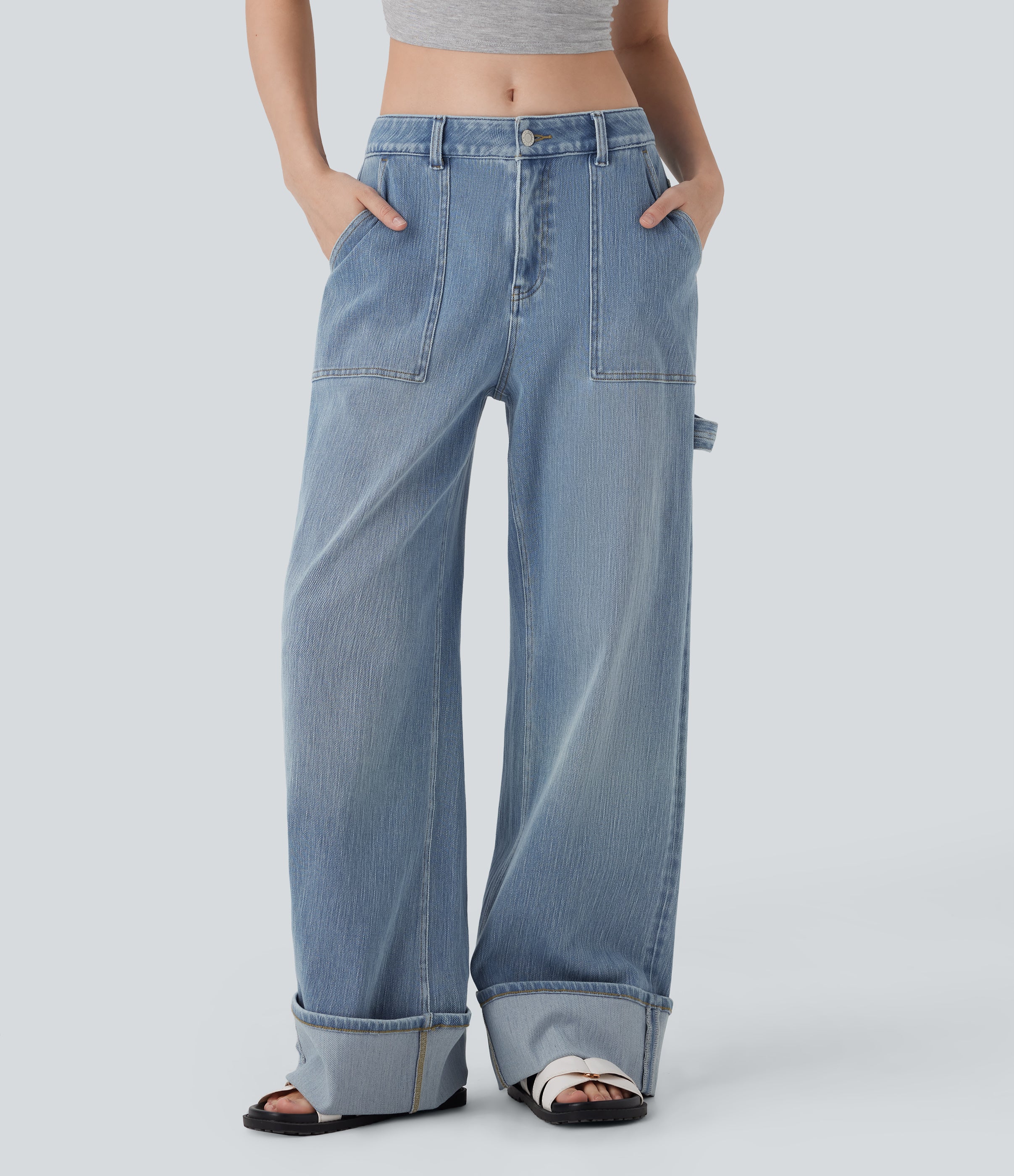 FlexTM Low Rise Rolled Hem Washed Casual Baggy Jeans with Pockets