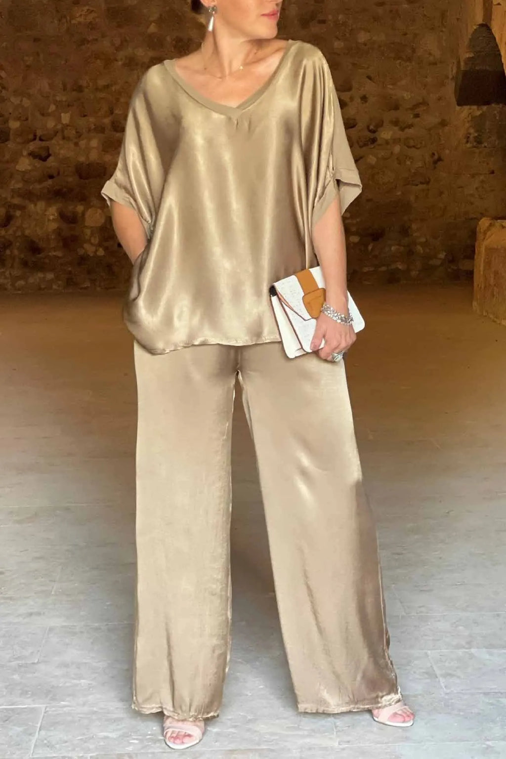 Women's V-Neck Tops Long Pants Set Casual Loose Outfit Summer Homewear Suit